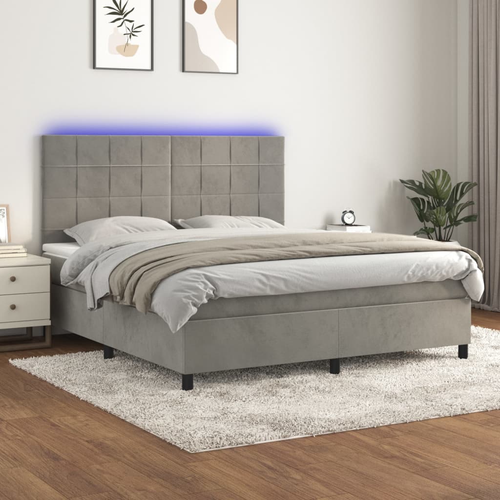 Letto a Molle Materasso e LED Grigio Chiaro 160x200 cm Velluto 3136131