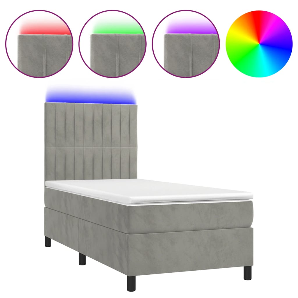 Letto a Molle Materasso e LED Grigio Chiaro 90x190 cm Velluto 3136215