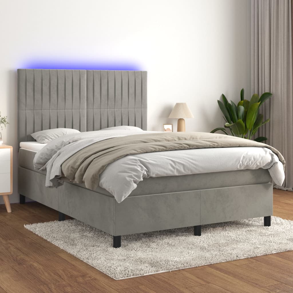 Letto a Molle Materasso e LED Grigio Chiaro 140x190 cm Velluto 3136239