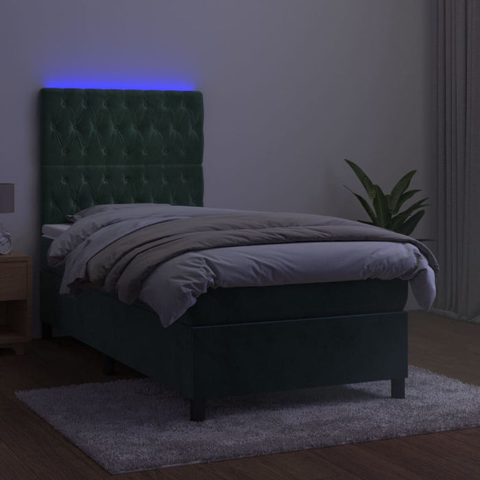 Letto a Molle con Materasso e LED Verde Scuro 90x200cm Velluto 3136284