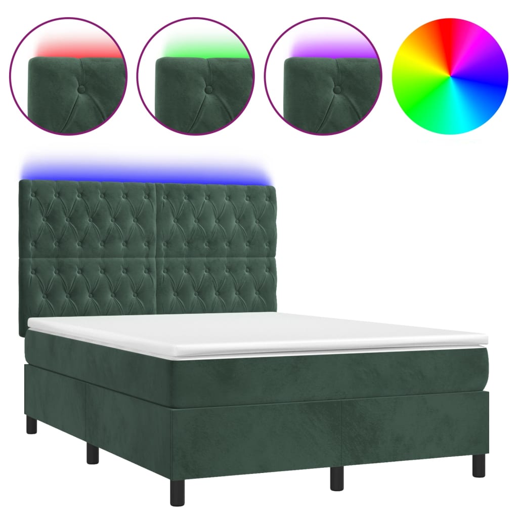 Letto a Molle con Materasso e LED Verde Scuro 140x190cm Vellutocod mxl 75132