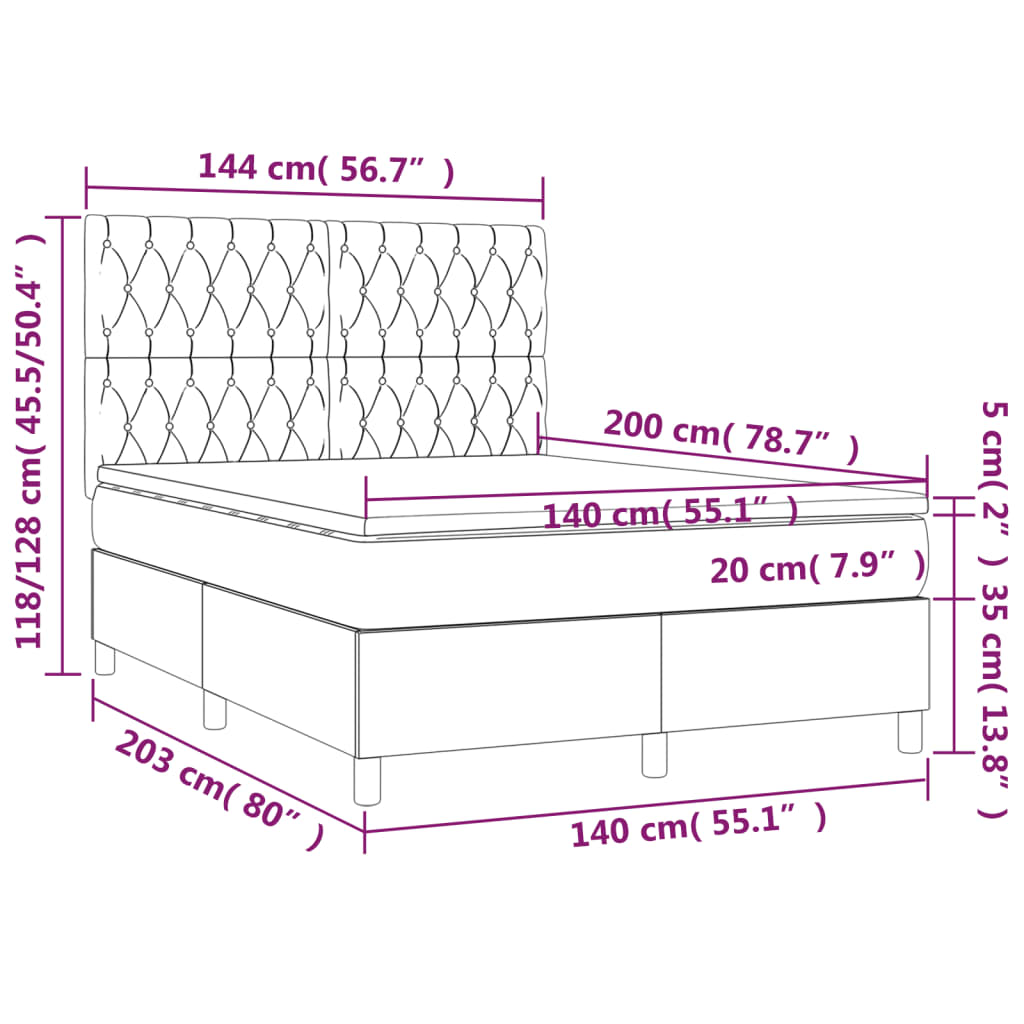 Letto a Molle Materasso e LED Grigio Chiaro 140x200 cm Velluto 3136305