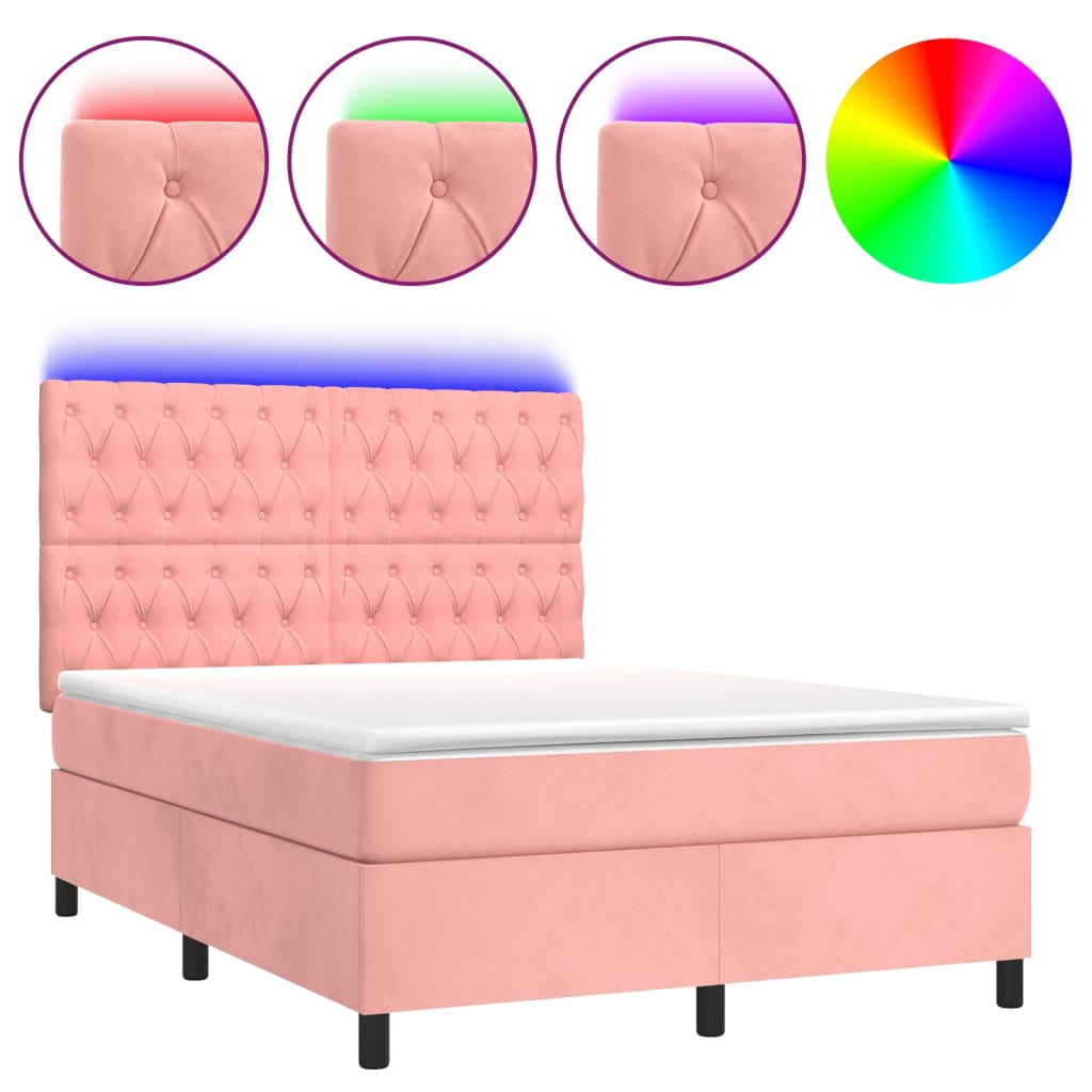 Letto a Molle con Materasso e LED Rosa 140x200 cm in Vellutocod mxl 123056