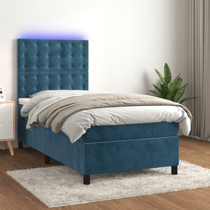 Letto a Molle con Materasso e LED Blu Scuro 90x200cm in Velluto 3136345