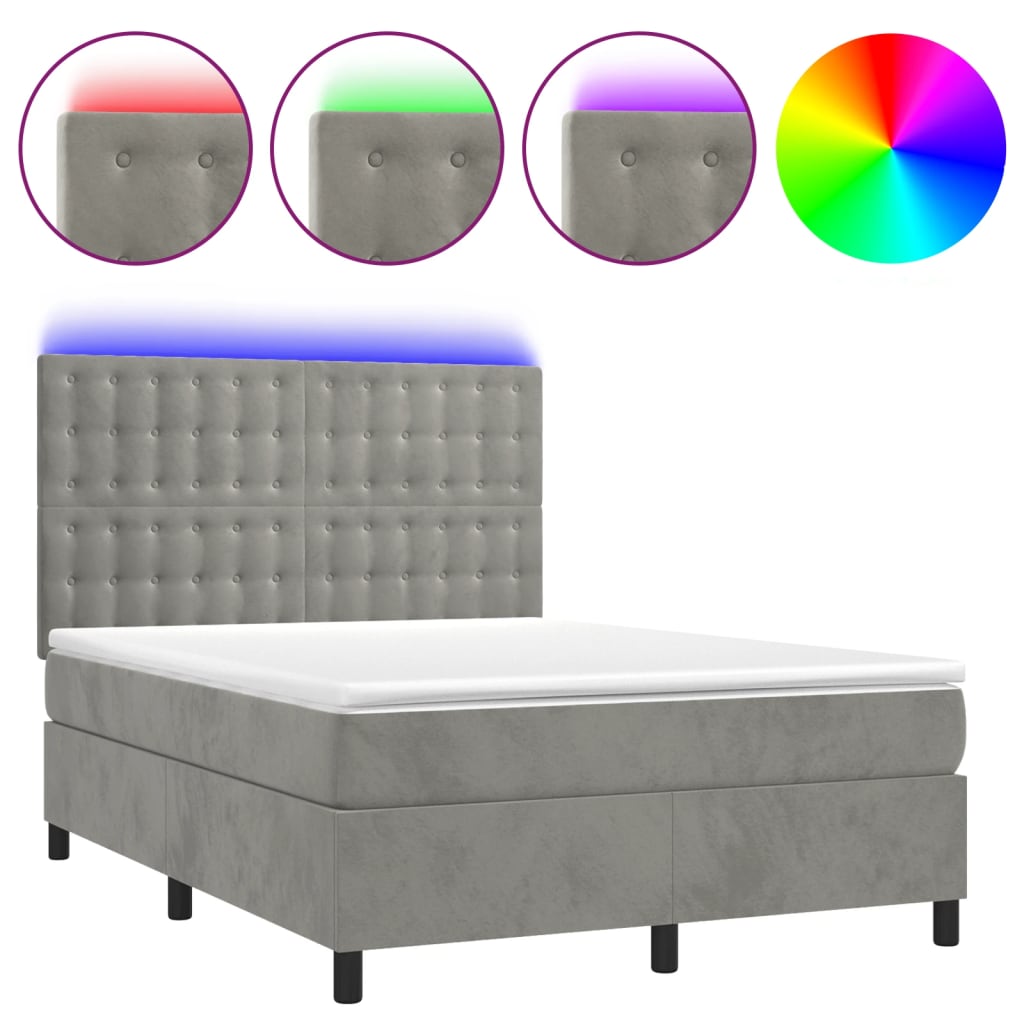 Letto a Molle Materasso e LED Grigio Chiaro 140x190 cm Velluto 3136359