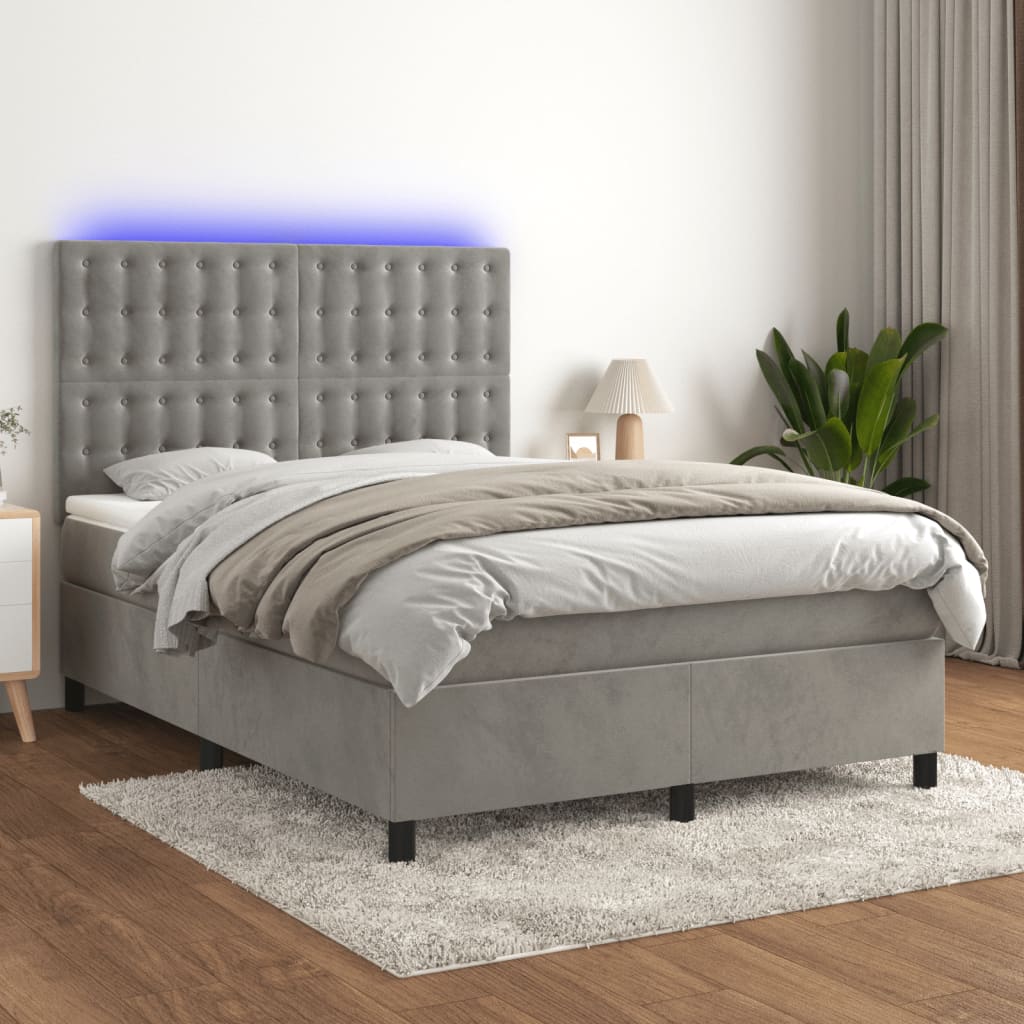 Letto a Molle Materasso e LED Grigio Chiaro 140x190 cm Velluto 3136359