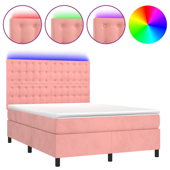 Letto a Molle con Materasso e LED Rosa 140x200 cm in Velluto 3136370