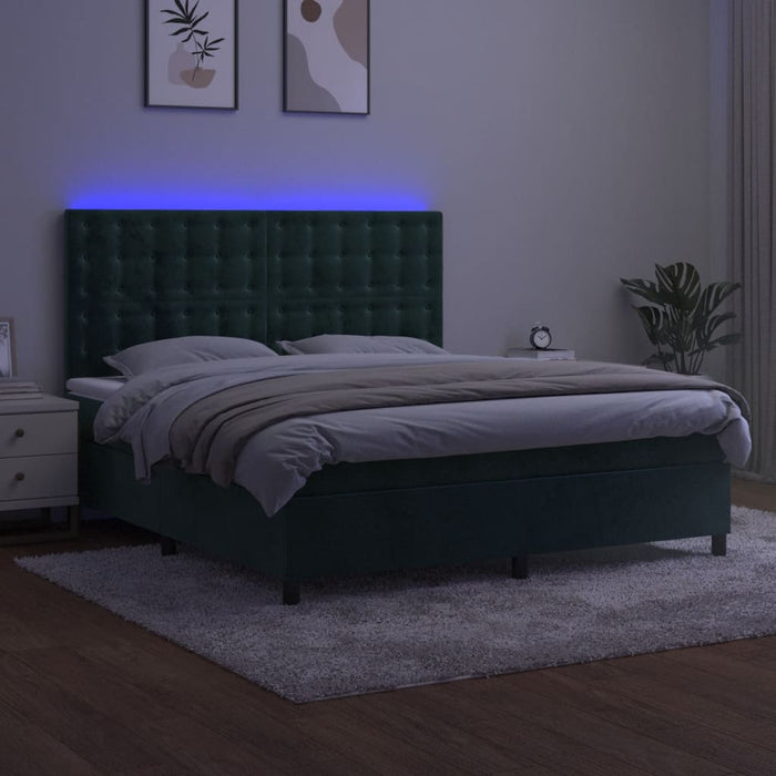 Letto a Molle con Materasso e LED Verde Scuro 160x200cm Velluto 3136374