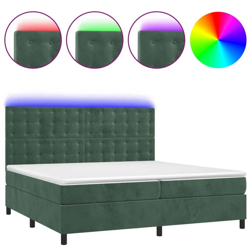 Letto a Molle con Materasso e LED Verde Scuro 200x200cm Velluto 3136386