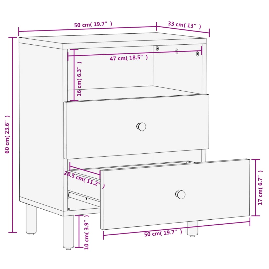 Comodino Nero 50x33x60 cm in Legno Massello di Mango 356829