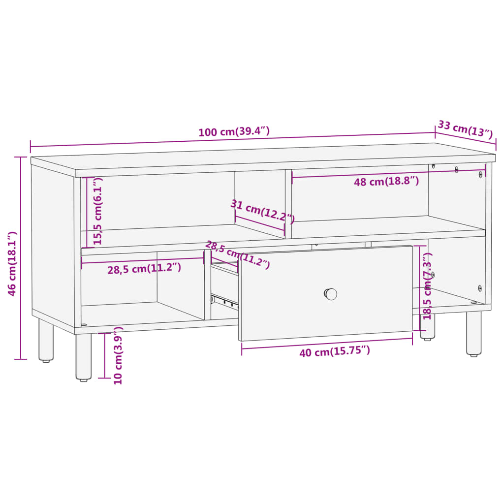 Mobile Porta TV 100x33x46 cm in Legno Massello di Mango 356907