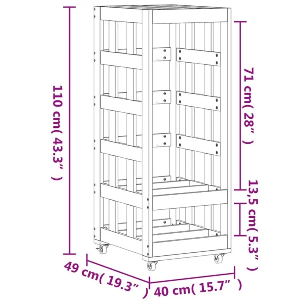 Portalegna con Ruote Bianco 40x49x110 cm Legno Massello di Pino 832328