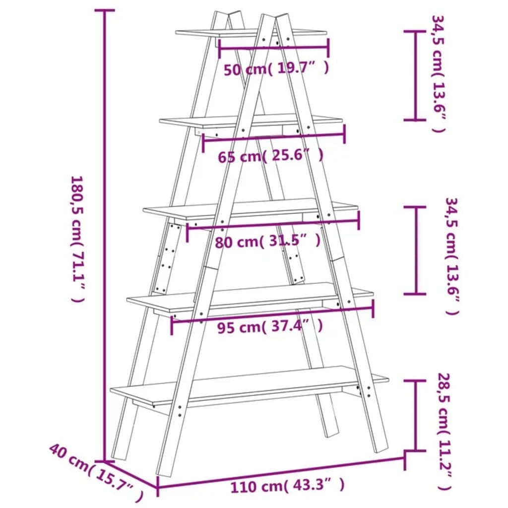 Scaffale 5 Ripiani a Forma di A 110x40x180,5 cm Massello Pino 832332