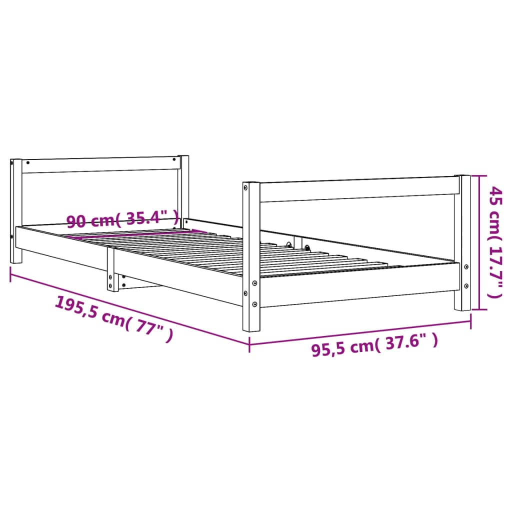 Giroletto per Bambini Nero 90x190 cm in Legno Massello di Pino 834404