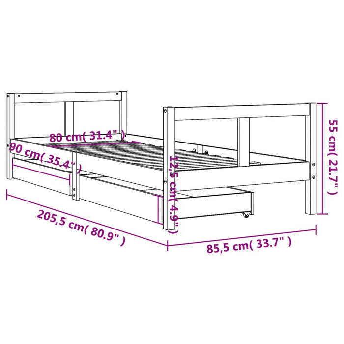 Giroletto Bambini con Cassetti Nero 80x200cm Massello di Pino 834407