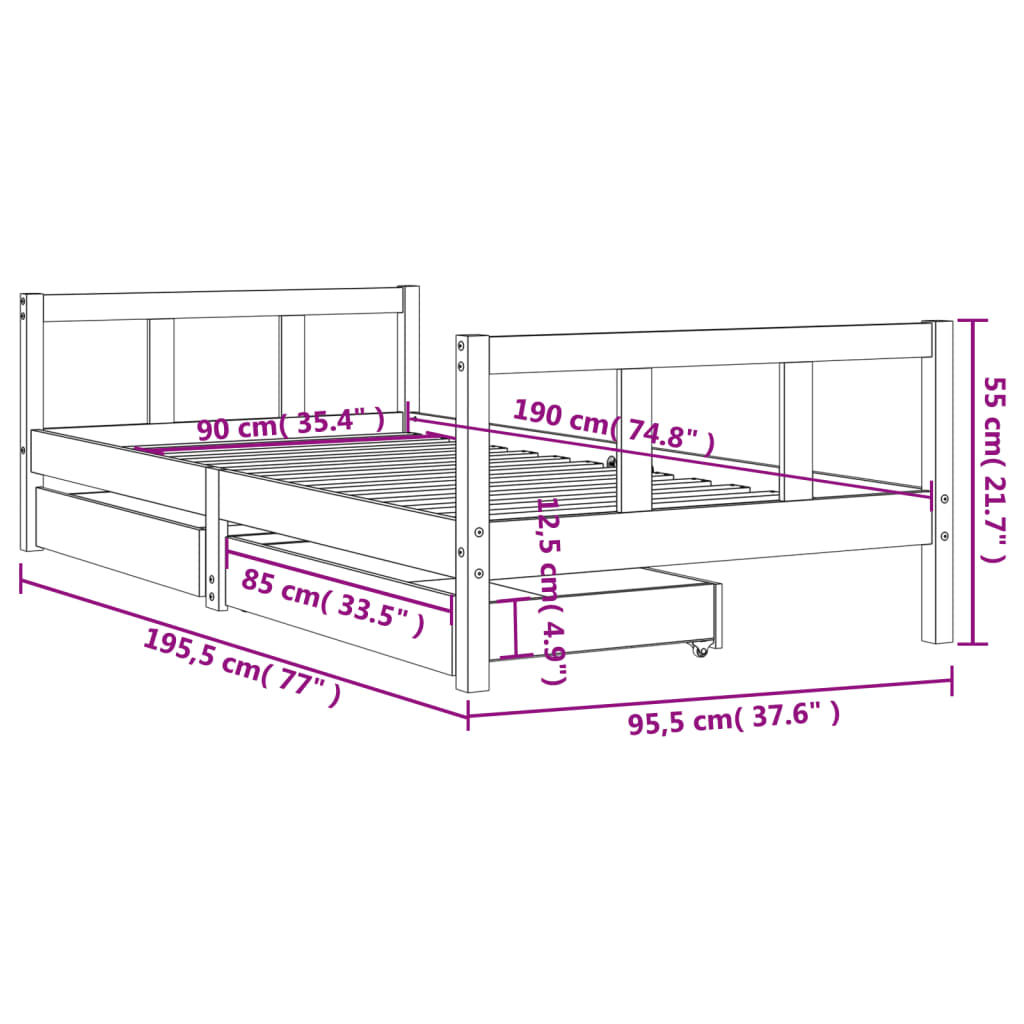 Giroletto per Bambini con Cassetti 90x190cm Legno Massello Pino 834417