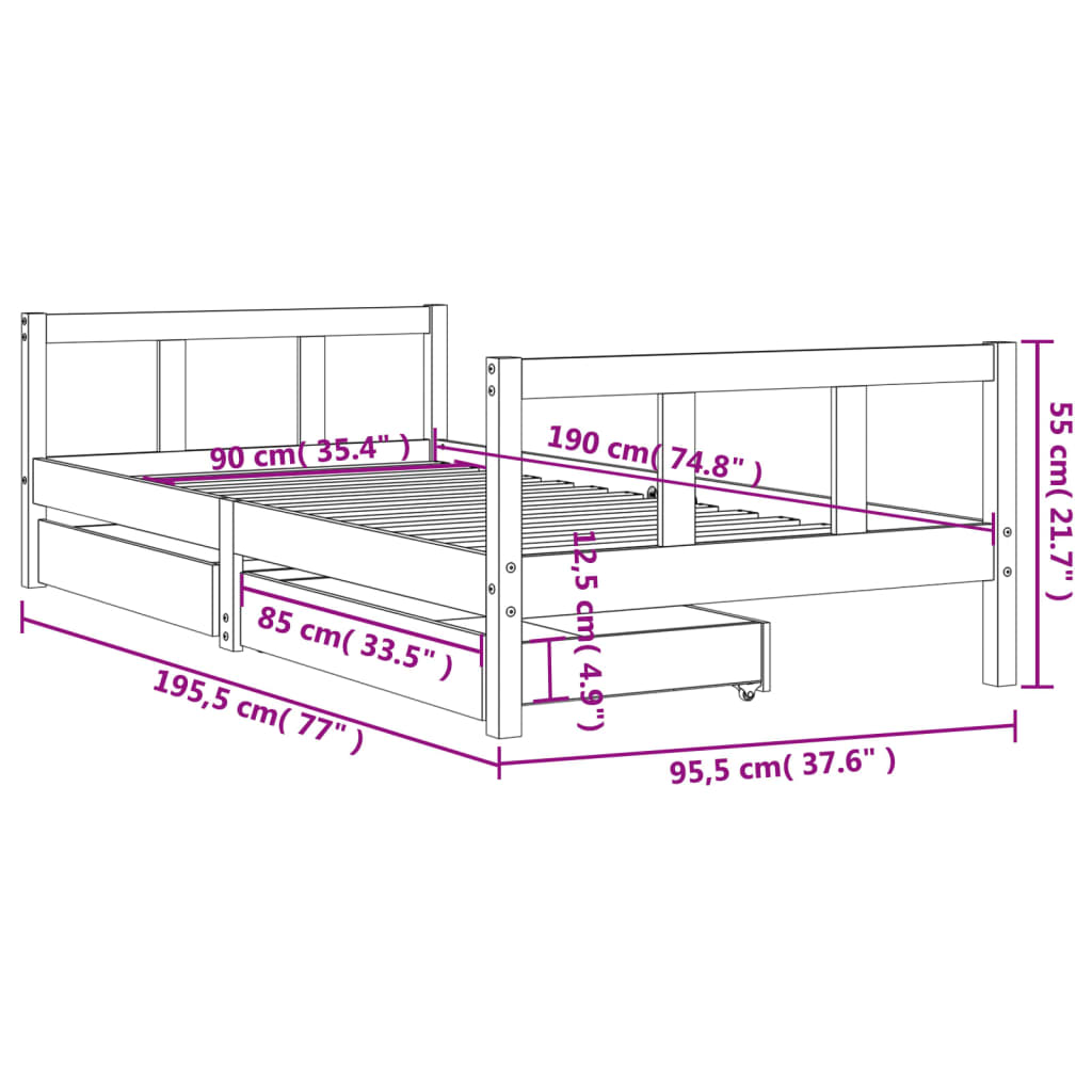 Giroletto Bambini con Cassetti Bianco 90x190 cm Massello Pino 834418