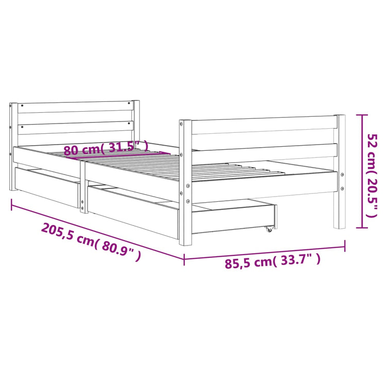 Giroletto Bambini con Cassetti Nero 80x200cm Massello di Pino 834437