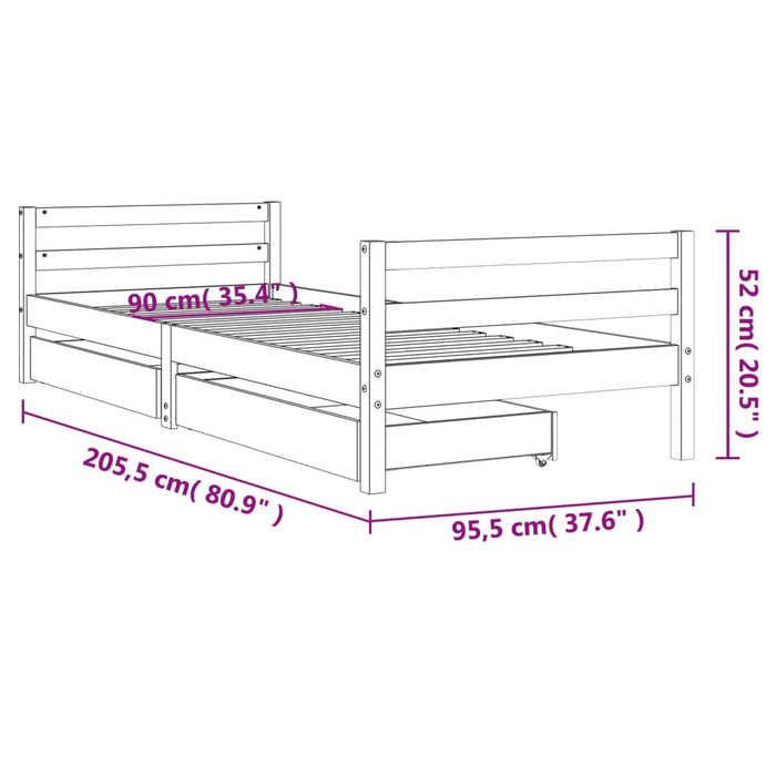 Giroletto Bambini con Cassetti Bianco 90x200cm Massello di Pino 834439