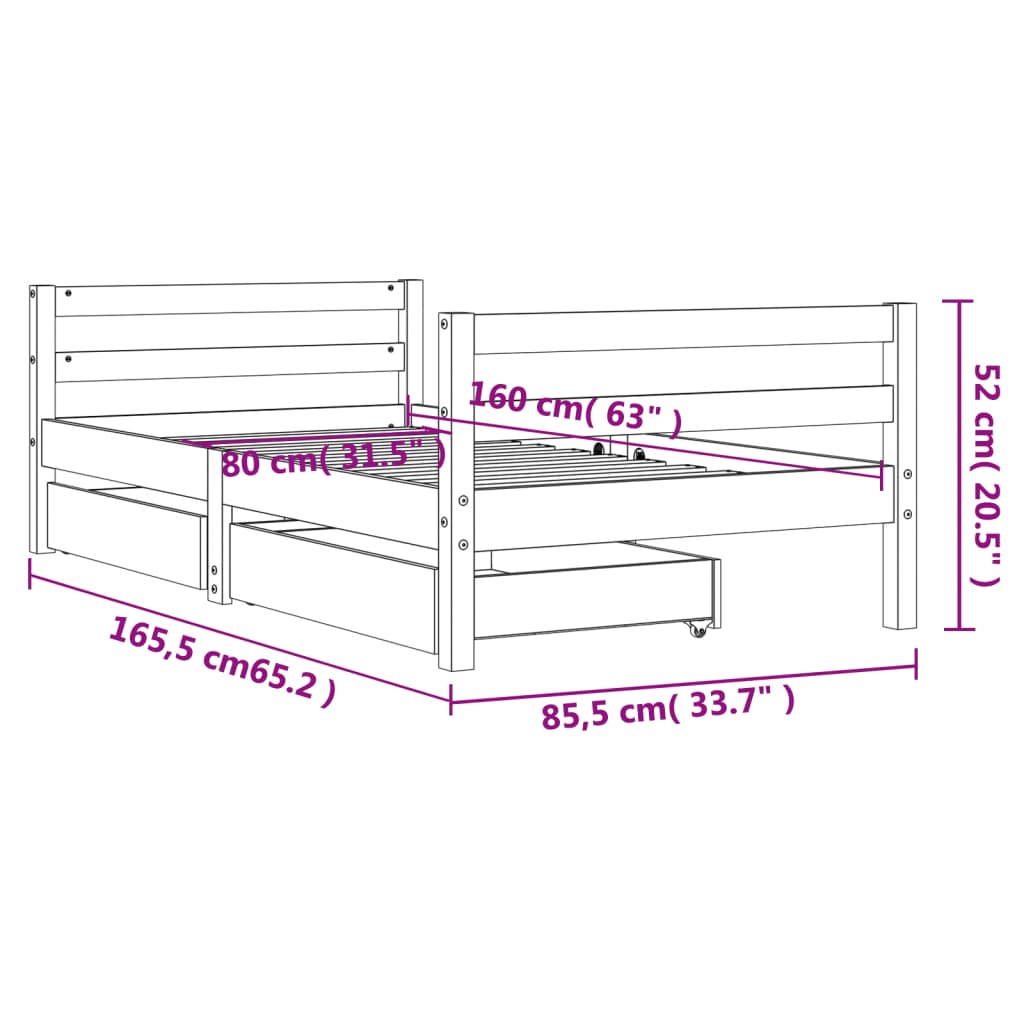 Giroletto per Bambini con Cassetti 80x160cm Legno Massello Pino 834444