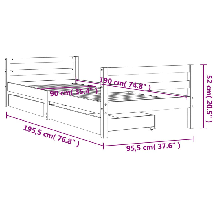 Giroletto per Bambini con Cassetti Nero 90x190 cm Massello Pino 834449