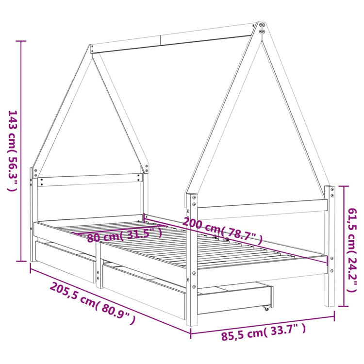 Giroletto Bambini con Cassetti 80x200 cm Legno Massello di Pino 834465