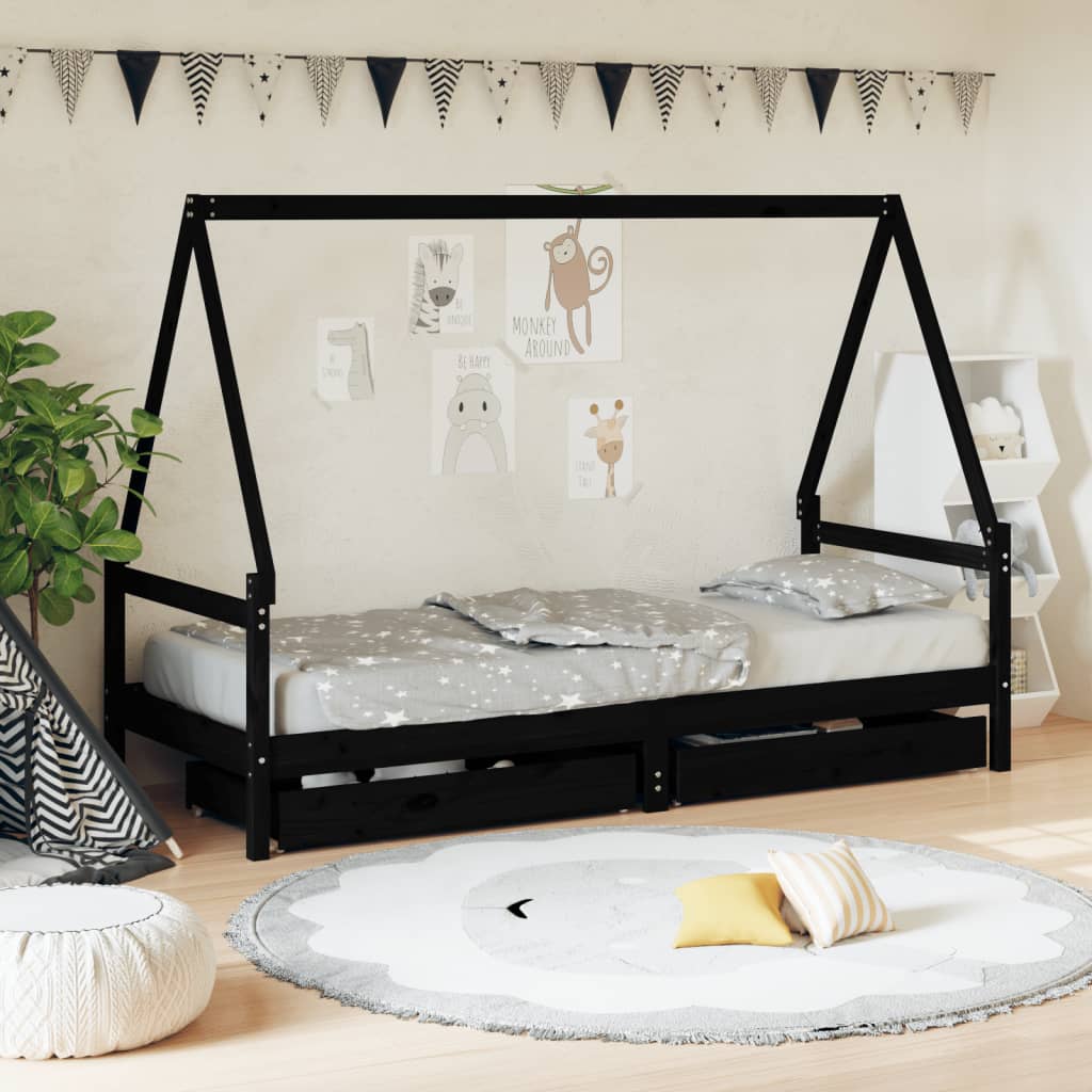 Giroletto Bambini con Cassetti Nero 80x200cm Massello di Pinocod mxl 128212