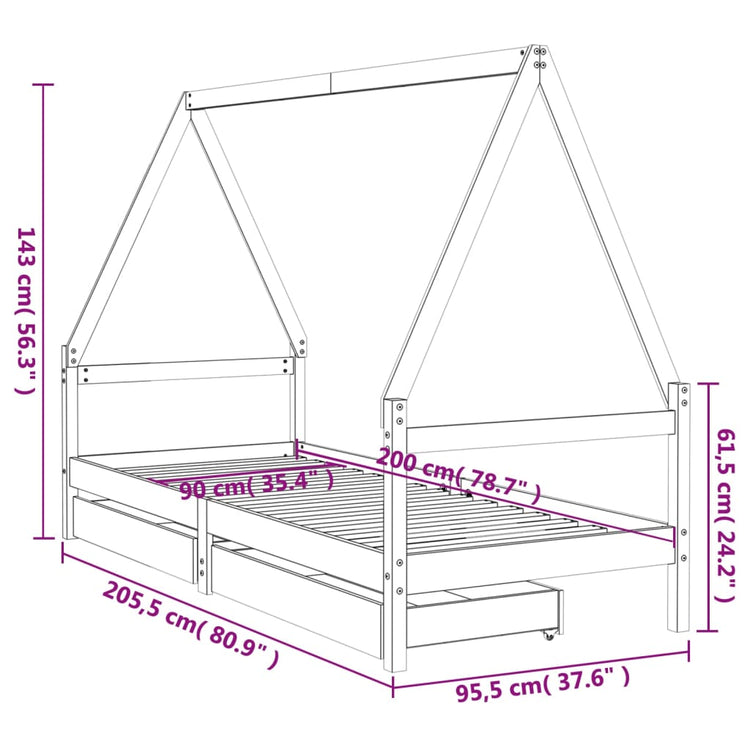 Giroletto Bambini con Cassetti 90x200 cm Legno Massello di Pino 834468