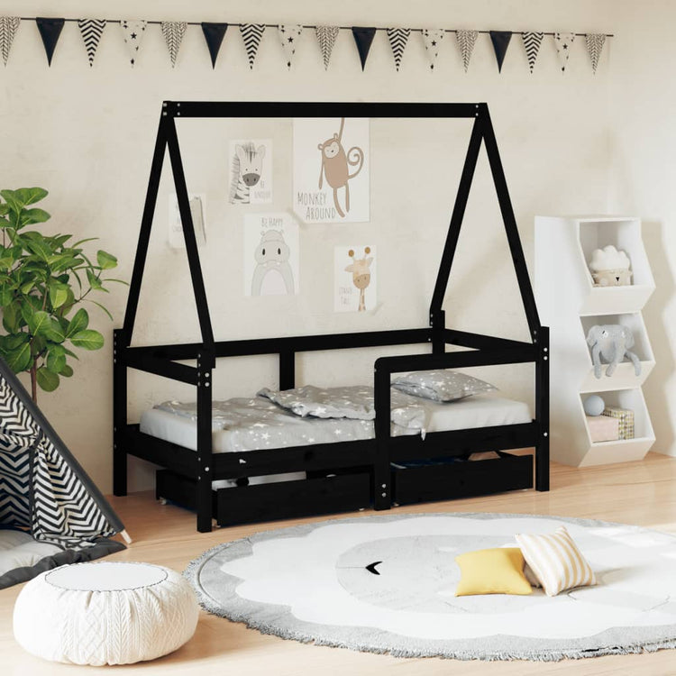 Giroletto Bambini con Cassetti Nero 70x140cm Massello di Pino 834473