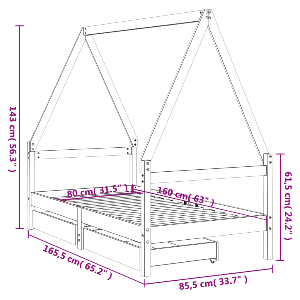 Giroletto per Bambini con Cassetti 80x160cm Legno Massello Pino 834474