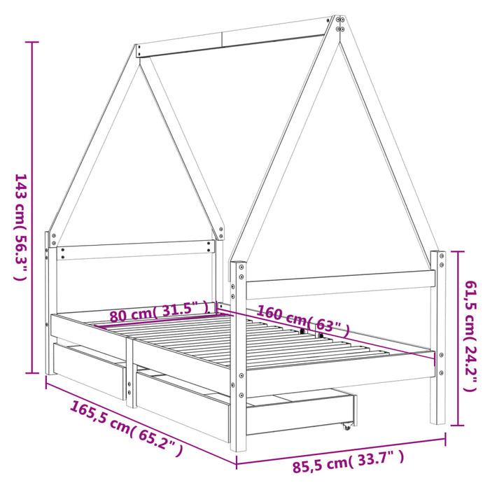 Giroletto per Bambini con Cassetti 80x160cm Legno Massello Pino 834474