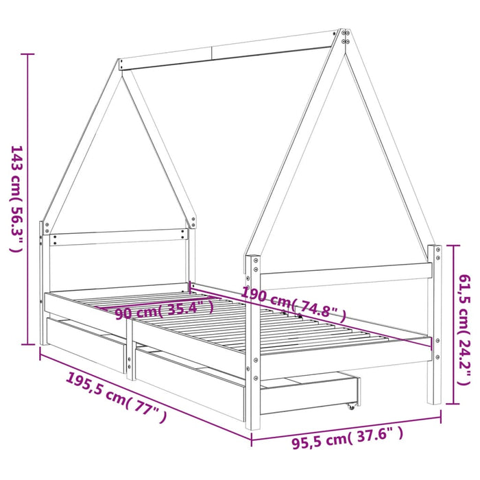 Giroletto per Bambini con Cassetti 90x190cm Legno Massello Pino 834477