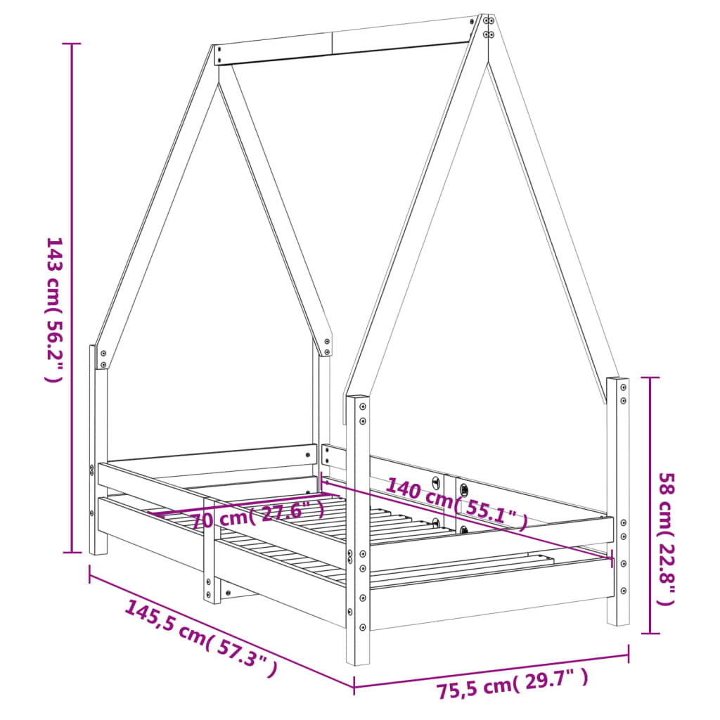 Giroletto per Bambini Bianco 70x140cm in Legno Massello di Pino 834487