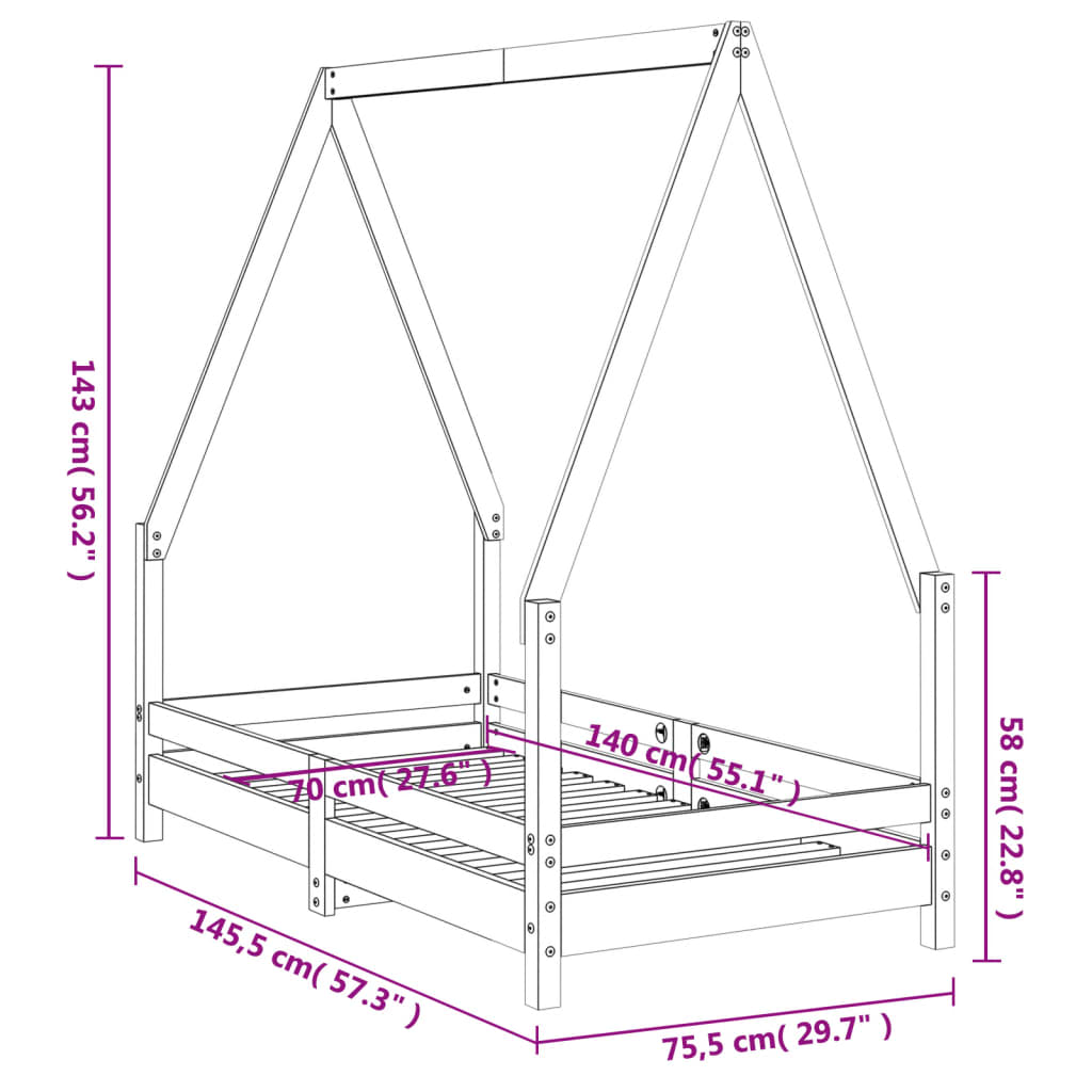 Giroletto per Bambini Nero 70x140 cm in Legno Massello di Pino 834488