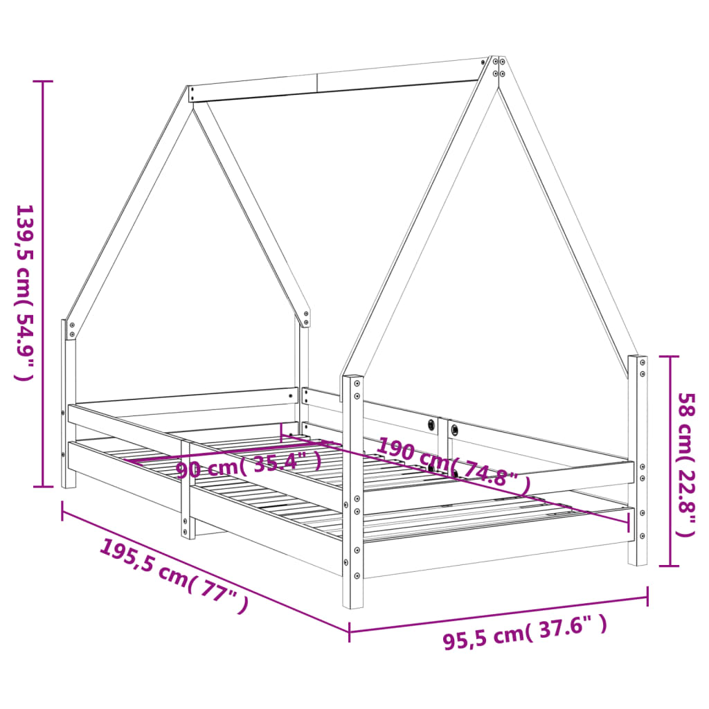 Giroletto per Bambini Nero 90x190 cm in Legno Massello di Pino 834494