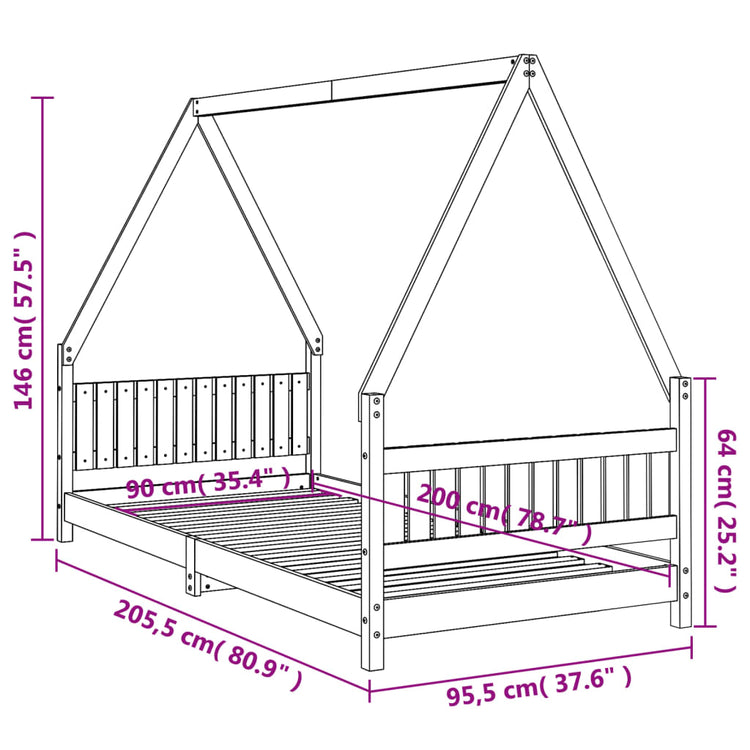 Giroletto per Bambini Nero 90x200 cm in Legno Massello di Pino 834500