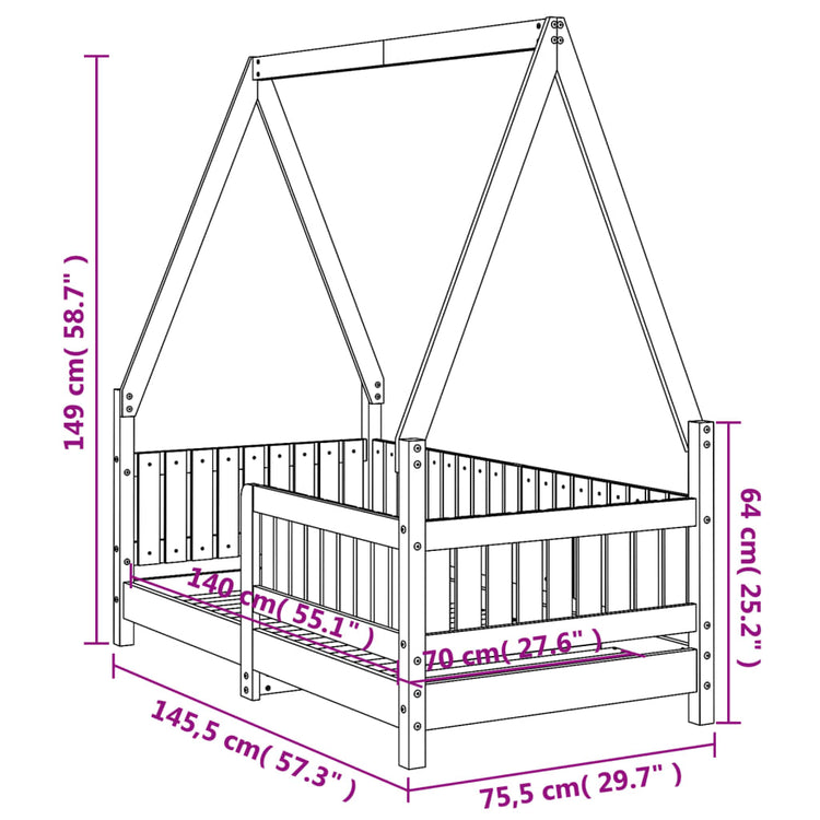 Giroletto per Bambini Bianco 70x140cm in Legno Massello di Pino 834502