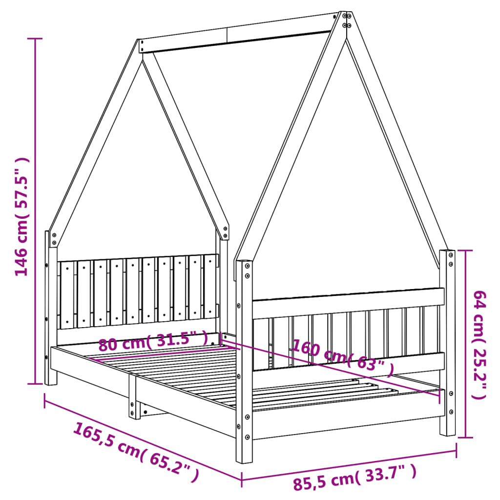 Giroletto per Bambini Nero 80x160 cm in Legno Massello di Pino 834506