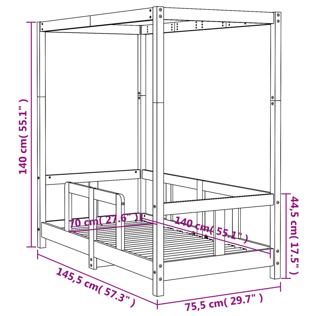 Giroletto per Bambini Bianco 70x140cm in Legno Massello di Pino 834511