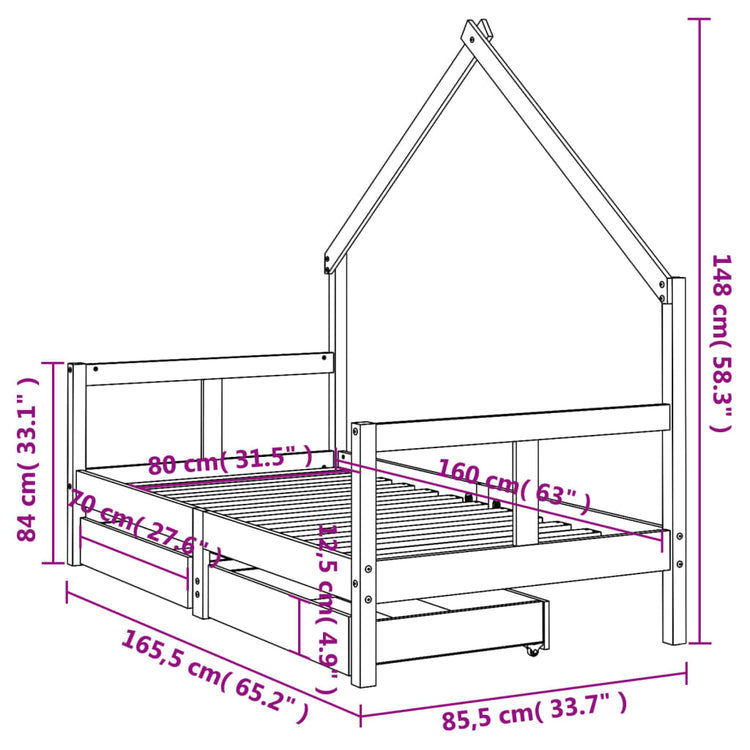 Giroletto per Bambini con Cassetti 80x160cm Legno Massello Pino 834543