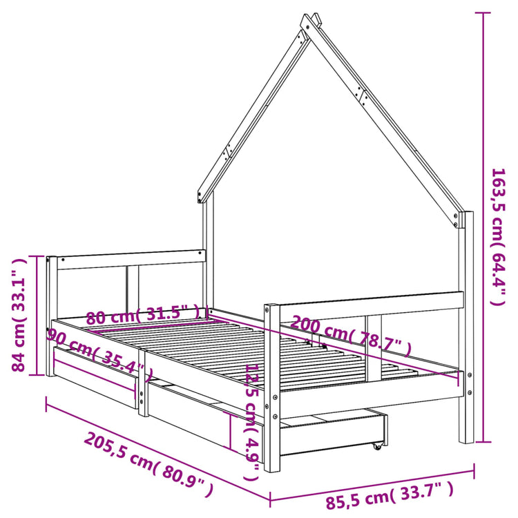 Giroletto Bambini con Cassetti 80x200 cm Legno Massello di Pino 834549