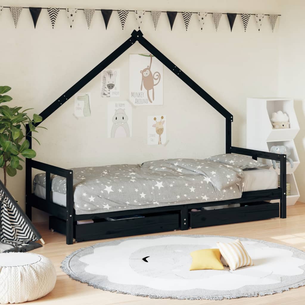 Giroletto Bambini con Cassetti Nero 80x200cm Massello di Pino 834551