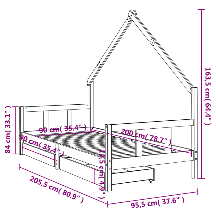 Giroletto Bambini con Cassetti 90x200 cm Legno Massello di Pino 834552