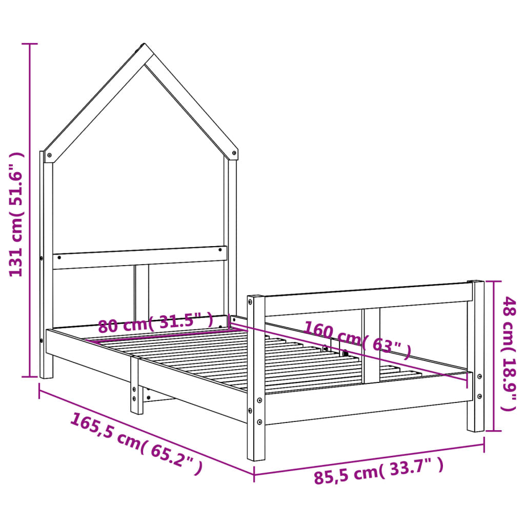 Giroletto per Bambini Bianco 80x160cm in Legno Massello di Pino 834559