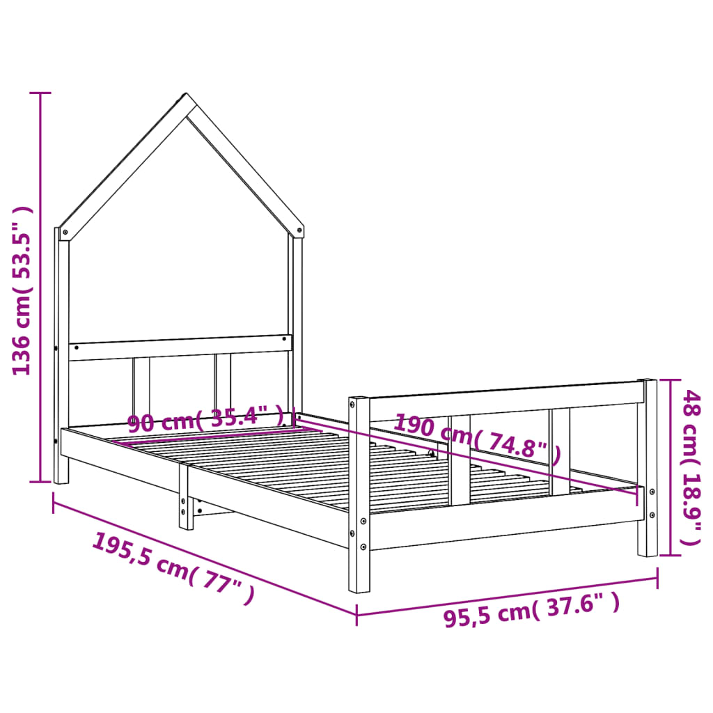 Giroletto per Bambini Bianco 90x190cm in Legno Massello di Pino 834562