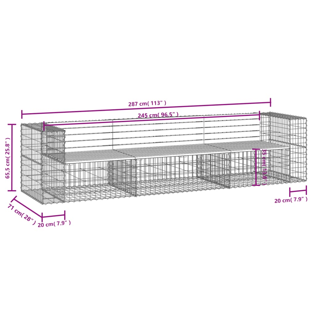 Panca Giardino Design Gabbione 287x71x65,5 cm Massello di Pino 3196251