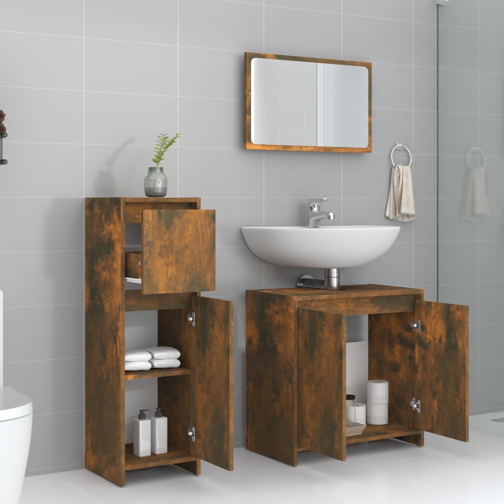 Set Mobili da Bagno 3 pz Rovere Fumo in Legno Multistrato 3143931