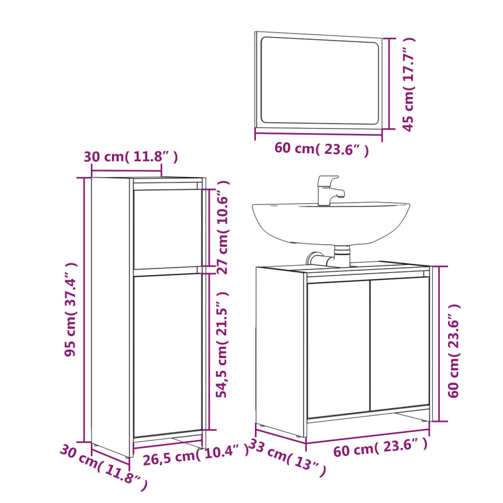 Set Mobili da Bagno 3 pz Rovere Fumo in Legno Multistrato 3143931