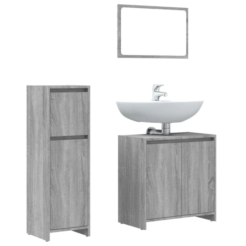 Set Mobili da Bagno 3 pz Grigio Sonoma in Legno Multistrato 3143932