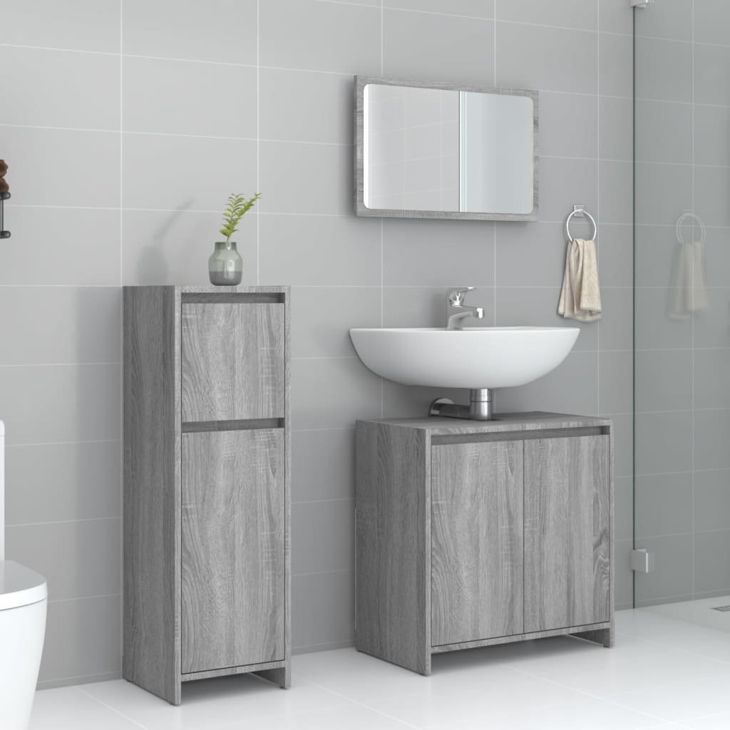 Set Mobili da Bagno 3 pz Grigio Sonoma in Legno Multistrato 3143932